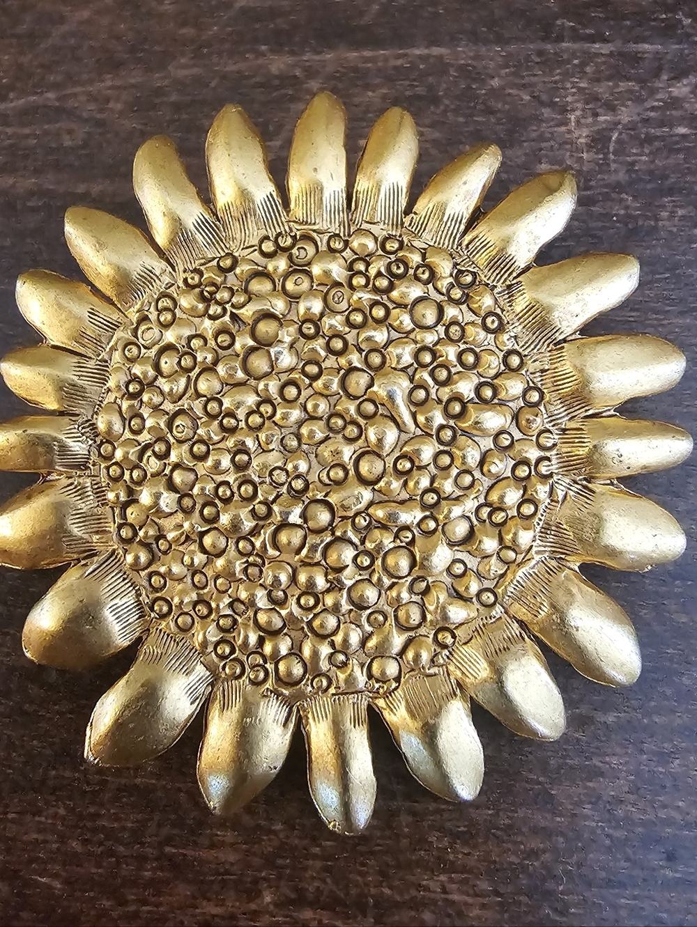 Vintage Gold Tone Sunflower Brooch | Textured 3D Mid-Century Floral Pin